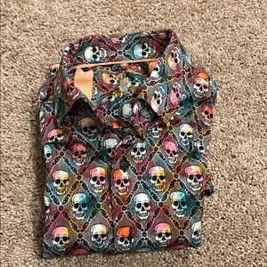Red and Pink Casual Button Down Shirt with Playful Skull Pattern